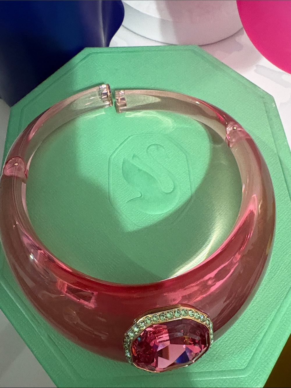 Pink Resin necklace with Pink Stone Accent - Picture 2 of 5